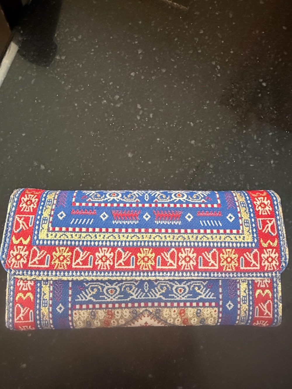 Embroidered Blue & Red Patterned Gold Turkish brocade wallet